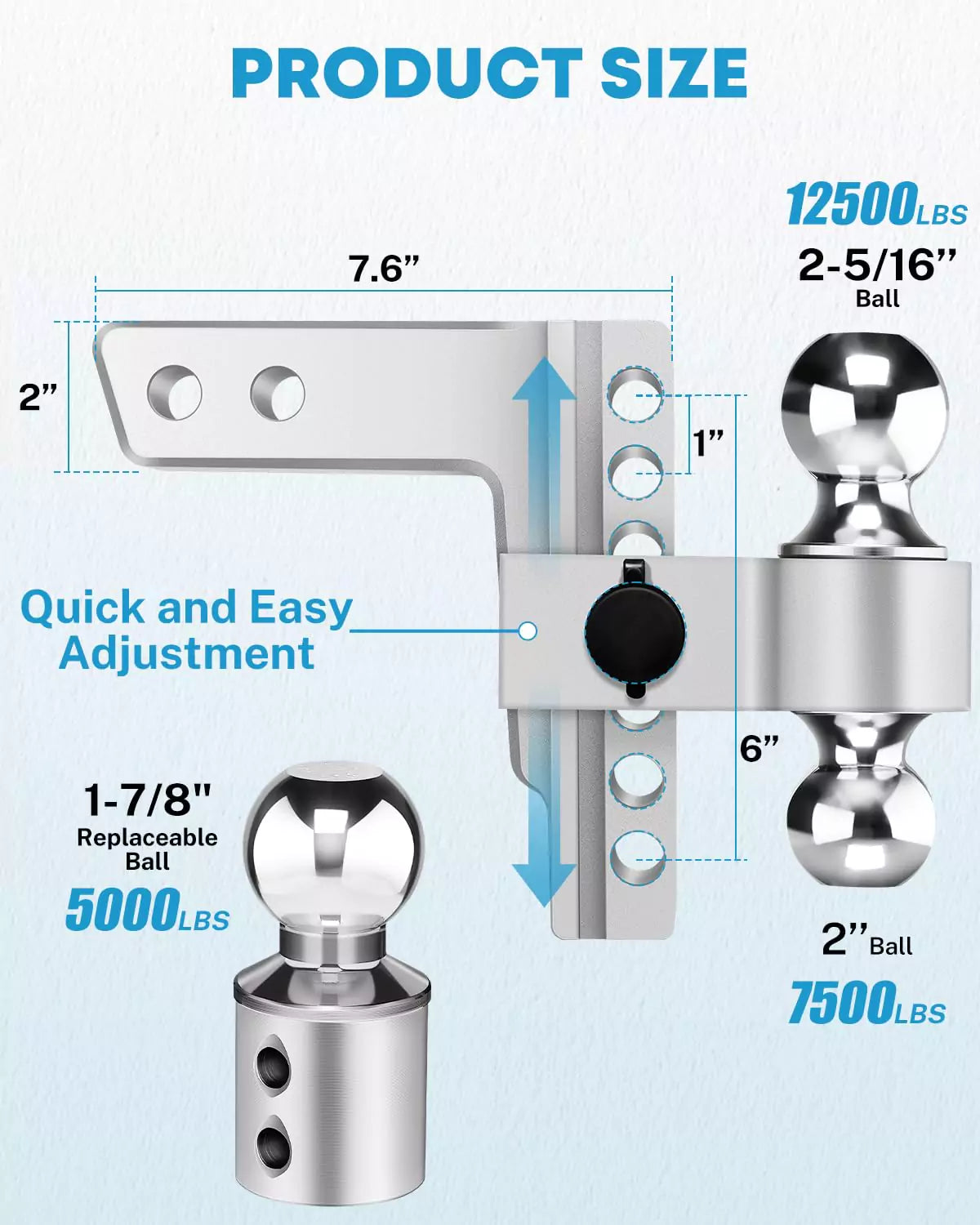 White heavy duty adjustable trailer hitch size