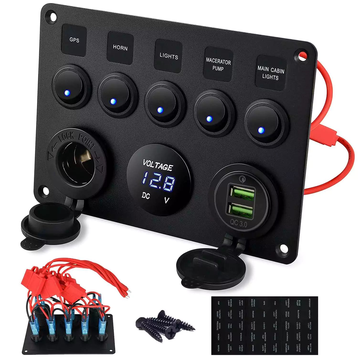 Kohree 5 Gang Rocker Switch Panel with Toggle Switch & QC 3.0 USB