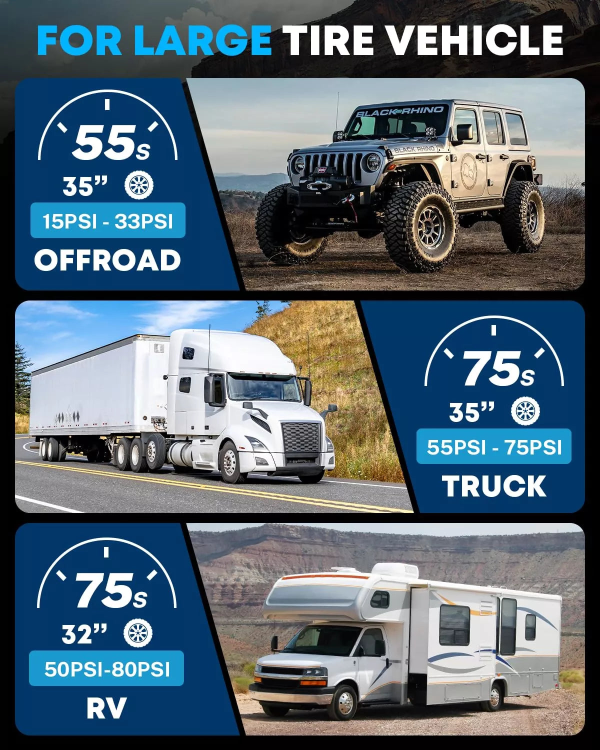 Three different vehicles with tire size and pressure information displayed. 