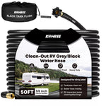 Kohree Clean-Out RV Grey/Black Water Hose packaging with hose coiled up 50 ft
