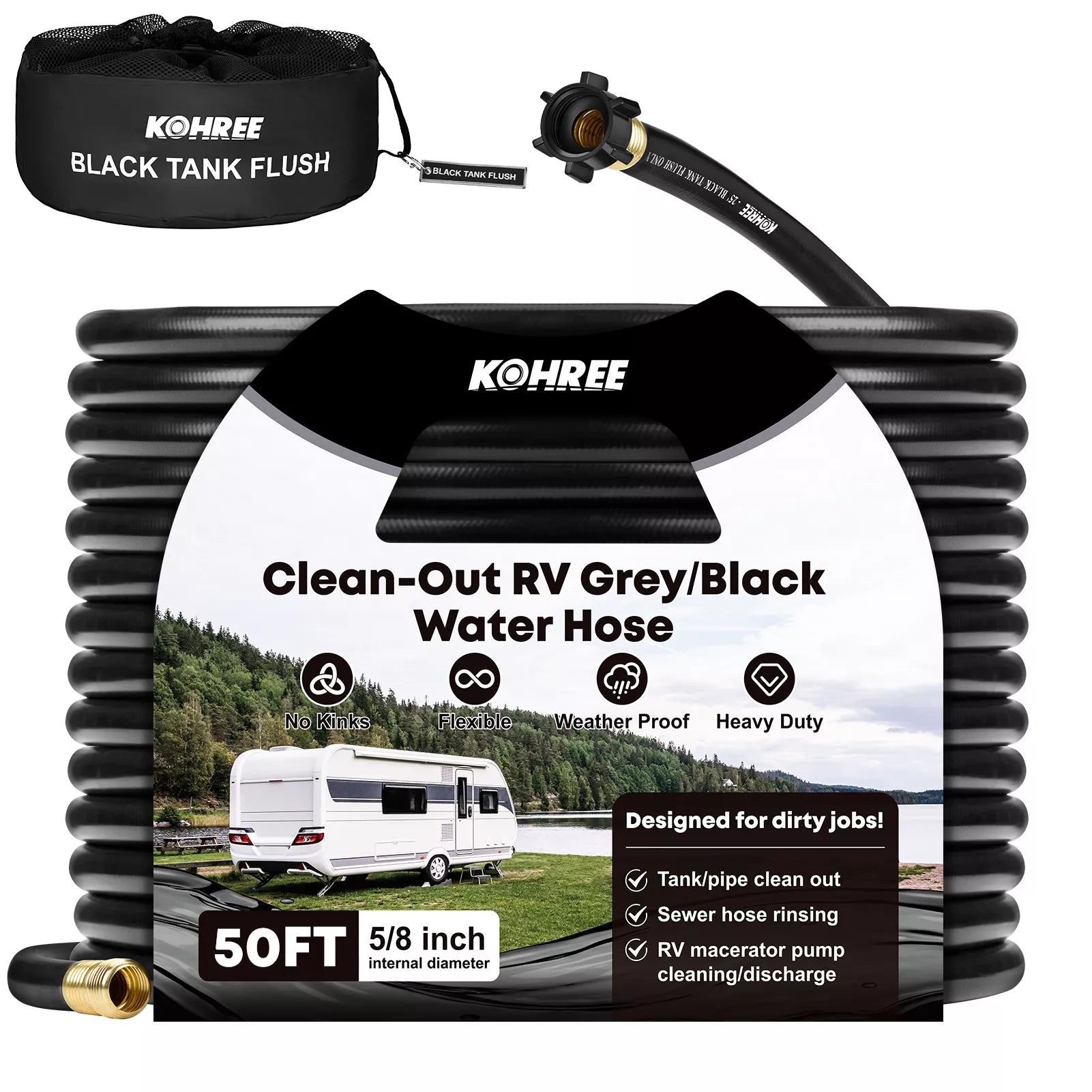 Kohree Clean-Out RV Grey/Black Water Hose packaging with hose coiled up 50 ft