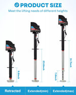 Three different heights of an electric trailer jack with measurements