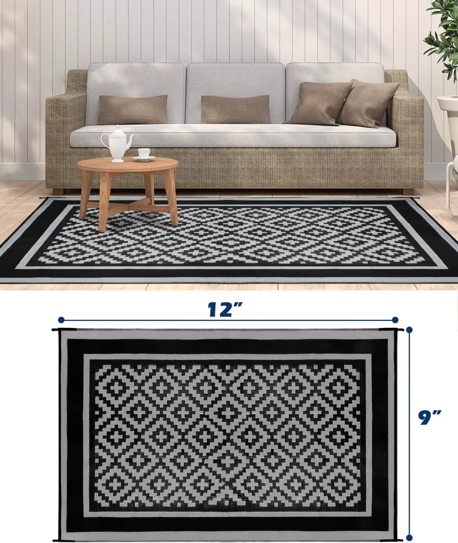 Kohree gray black diamond outdoor plastic rug 9 x 12 ft