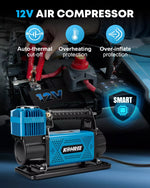 12V air compressor with features highlighted 