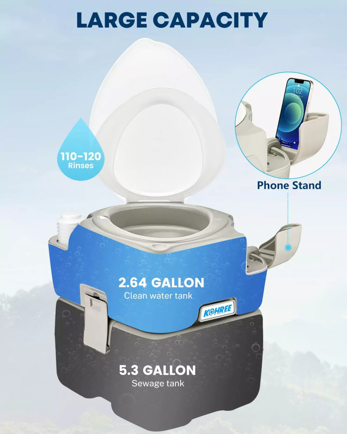 Large capacity 5.3 gallon potty camping