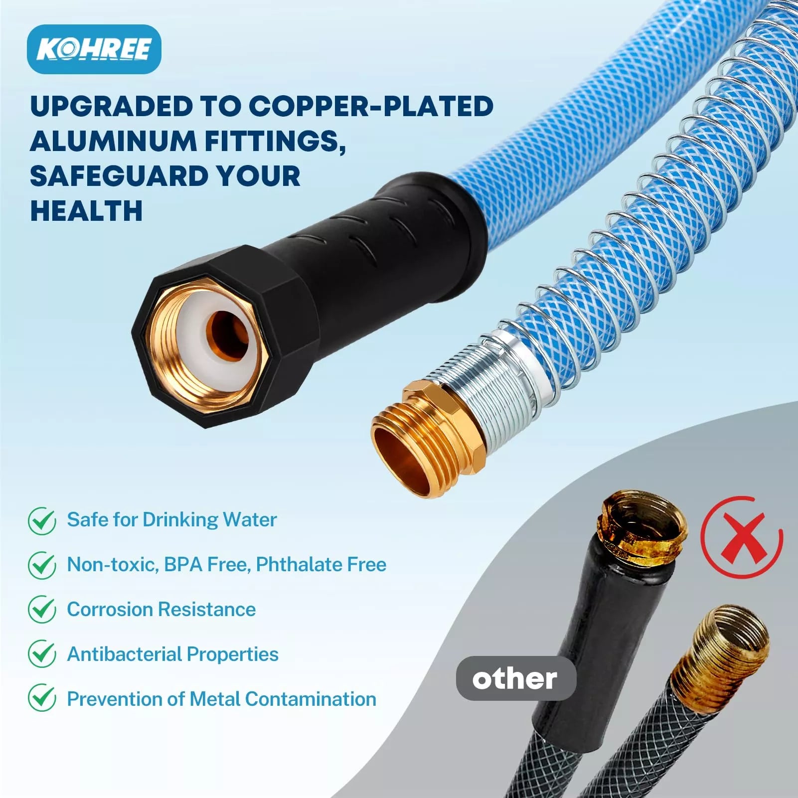 Kohree upgraded to copper plated aluminum fittings rv fresh water hose 75 feet