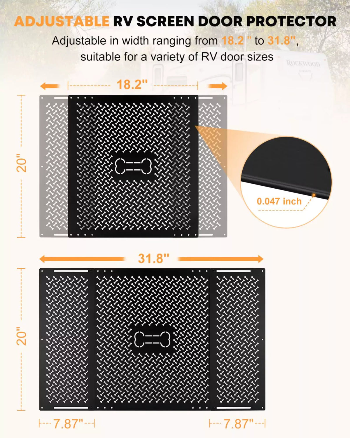 Adjustable rv screen door protector for camper in width ranging from 18.2'' to 31.8'', suitable for various rv door sizes