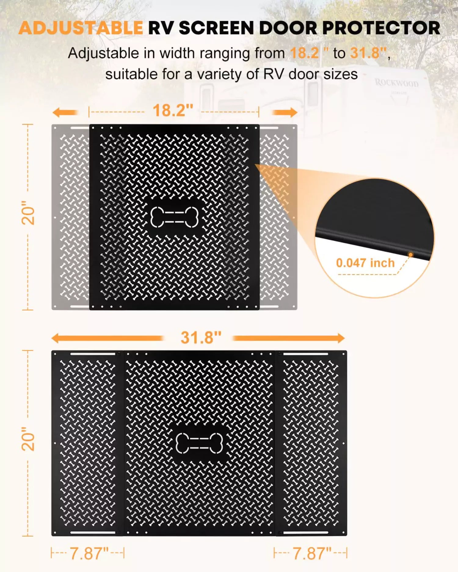 Adjustable rv screen door protector for camper in width ranging from 18.2'' to 31.8'', suitable for various rv door sizes