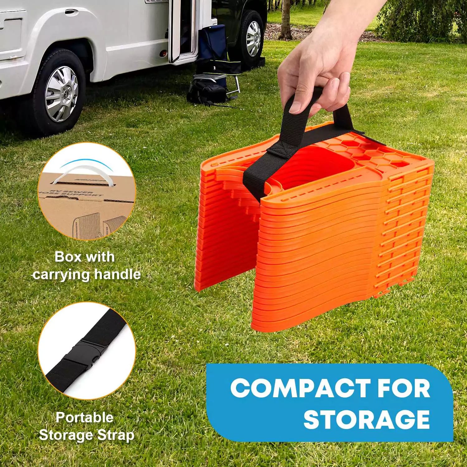 Sewage hose support compact for storage