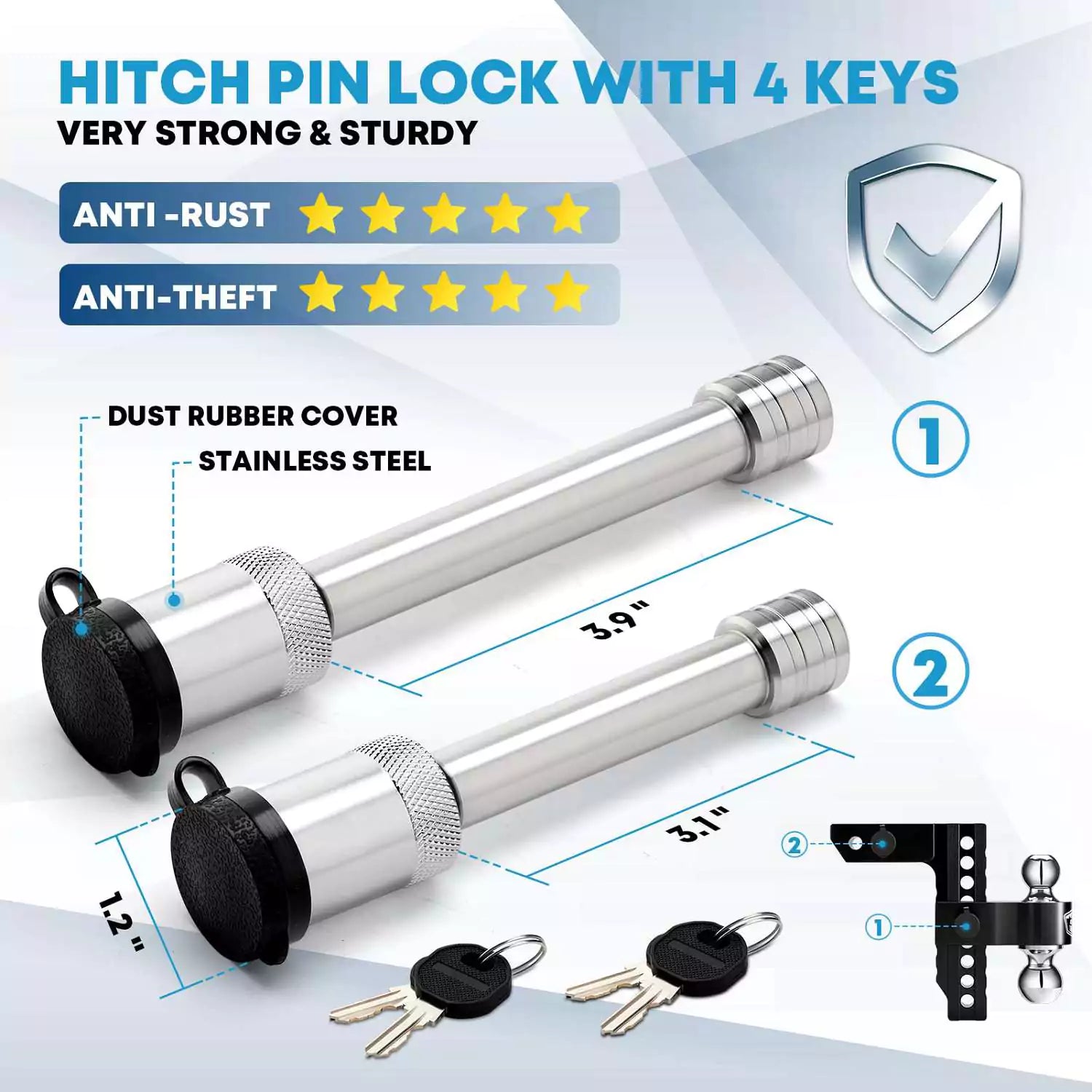 Hitch pin lock with 4 keys