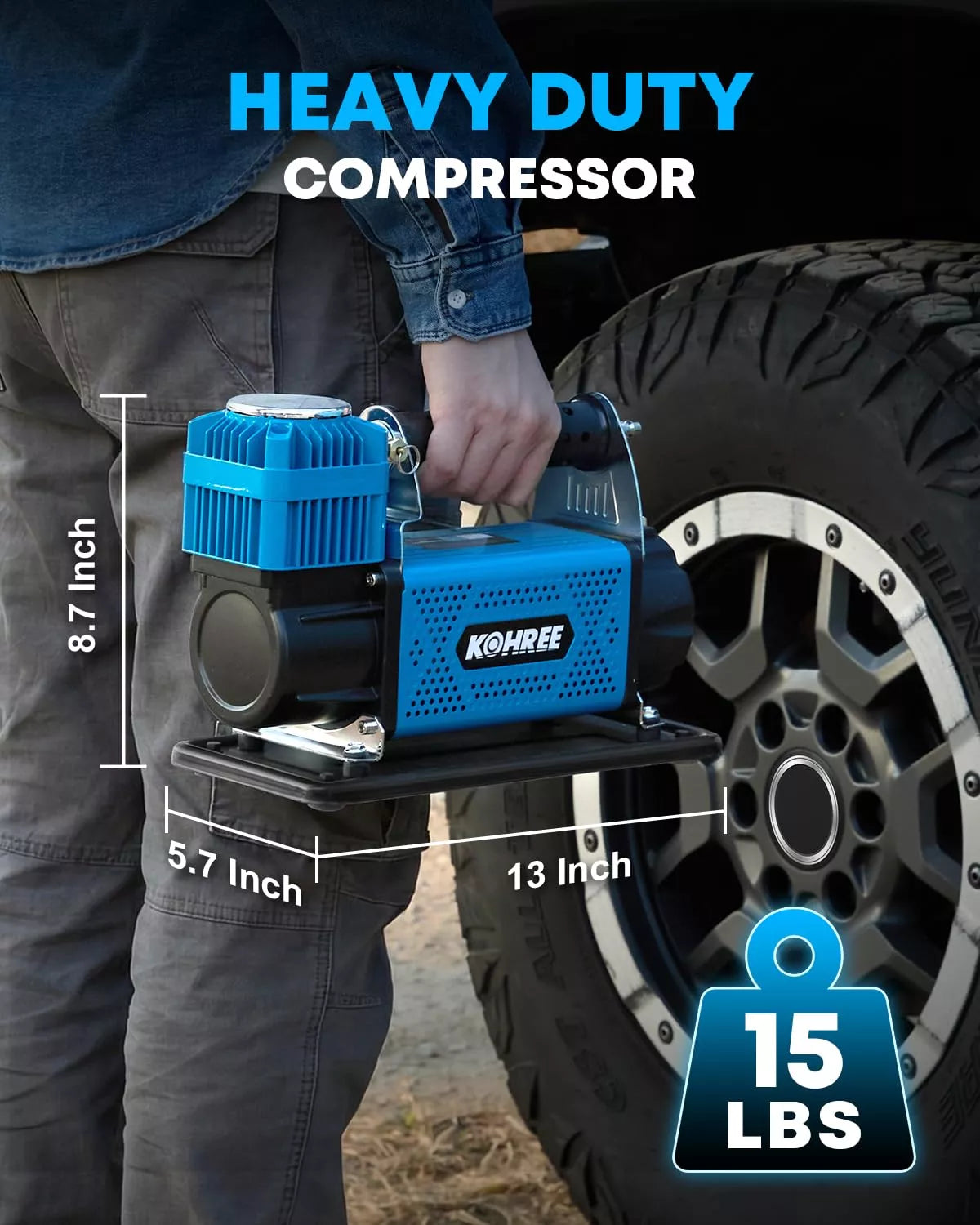 Kohree heavy-duty compressor being held next to a tire with measurements and weight information. 