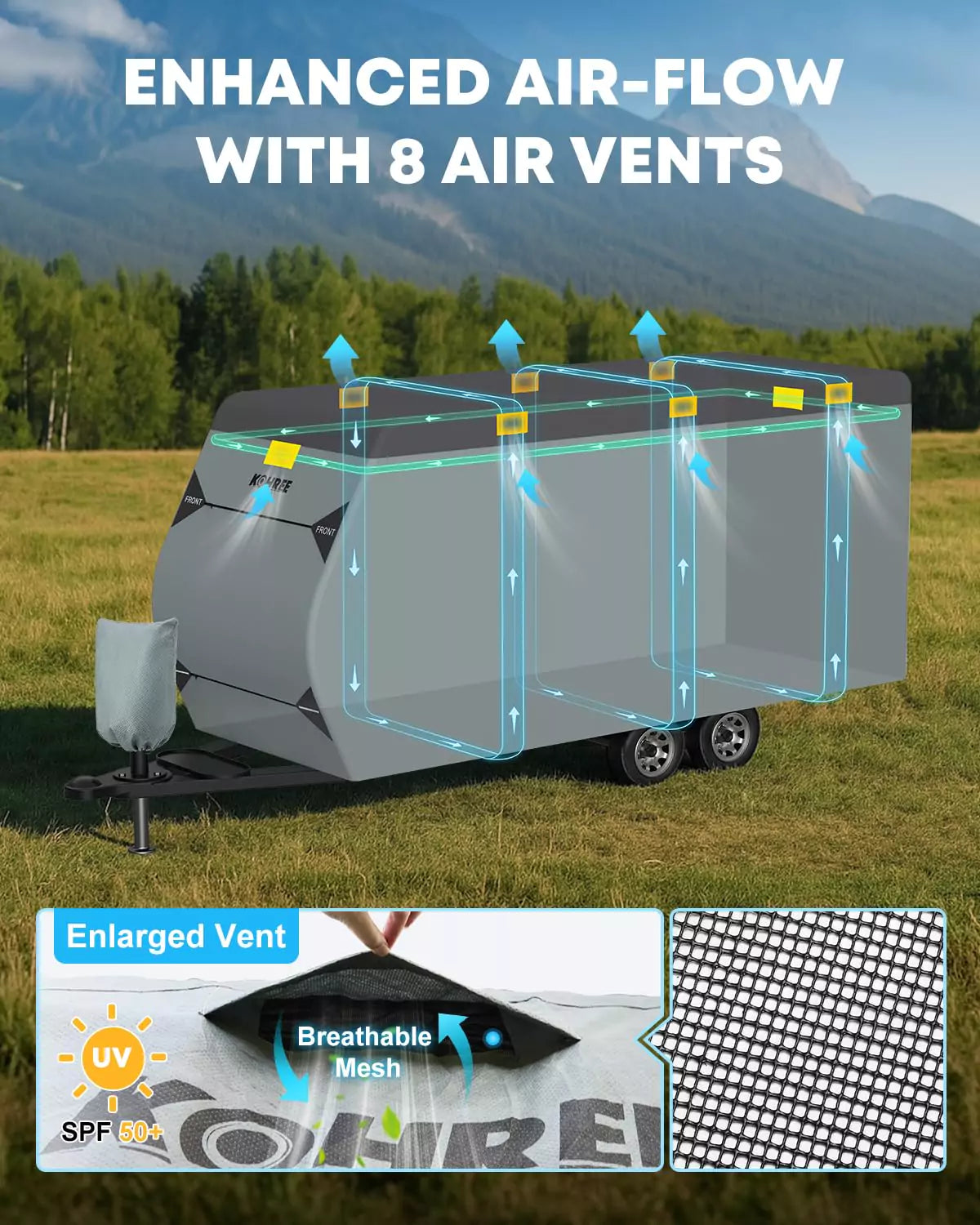 Enhanced air flow trailer covers for travel trailers with 8 air vents