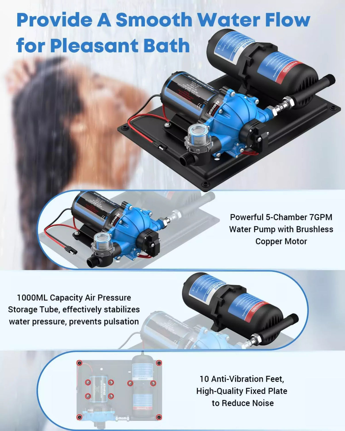 Water accumulator tank and rv water pump provide a smooth water flow for pleasant bath