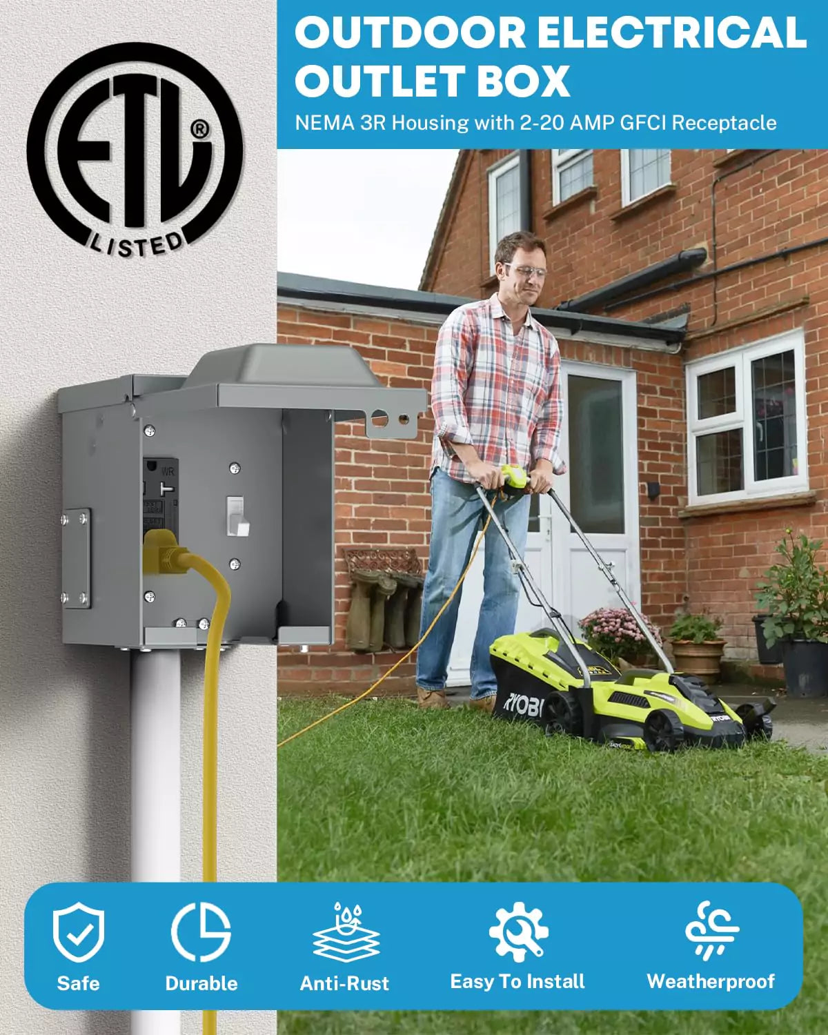 Outdoor electrical outlet box with NEMA 3R housing and 20 amp GFCI receptacle