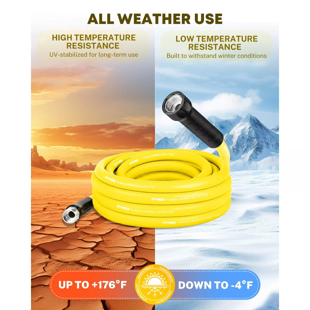 Yellow garden hose with temperature resistance features 
