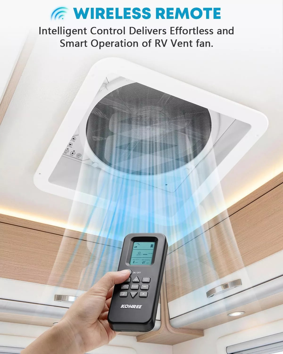 Person using a wireless remote to control the Kohree RV ceiling vent fan. 