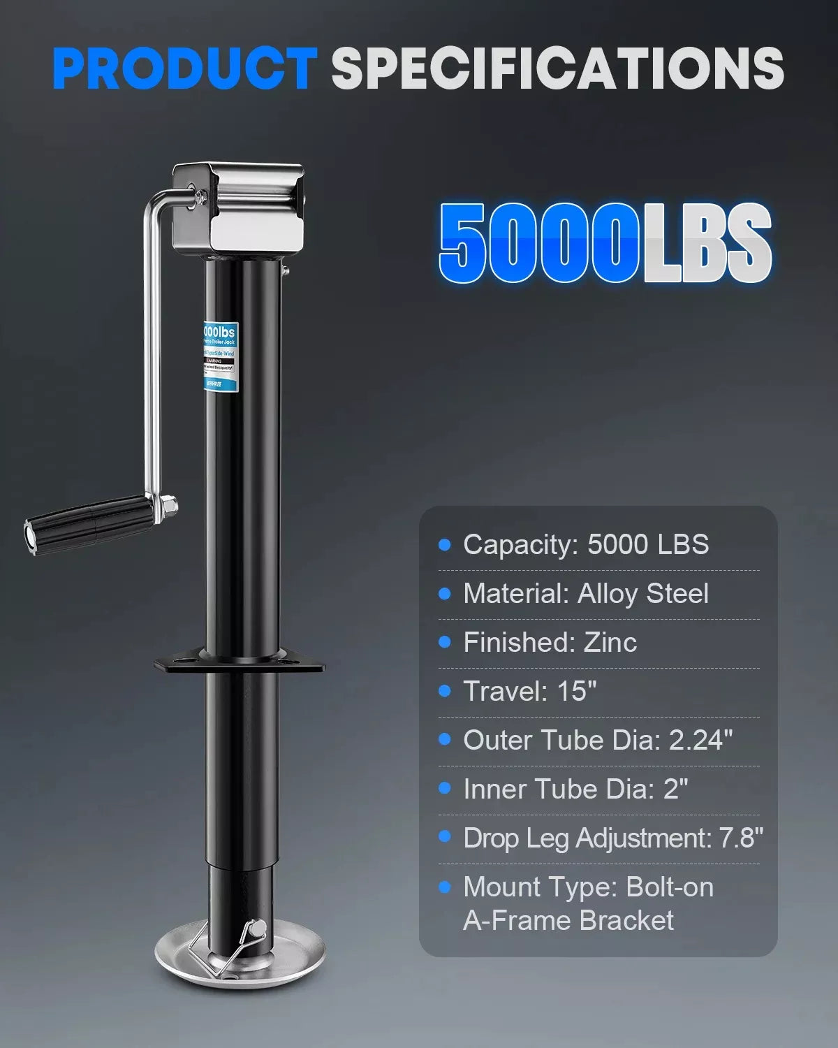 Adjustable Drop Leg Trailer Jack with quick-release pin for extra height and fast leveling