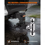 Tow hitch with ball and trailer attachment on a vehicle, emphasizing full weather and corrosion protection. 