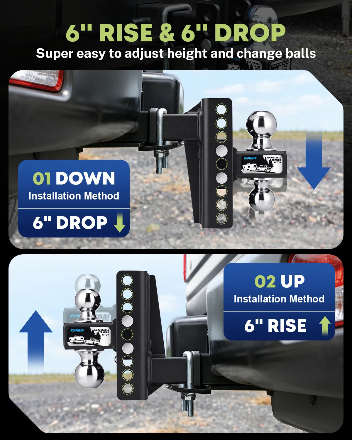 Super easy to adjust height and change balls with kohree adjustable trailer hitch