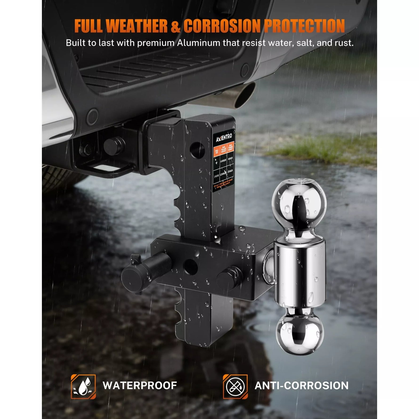Full weather and corrosion protection tow hitch with ball mount on a vehicle 