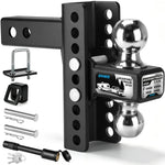 Black adjustable hitch mount with silver ball hitch and included mounting hardware