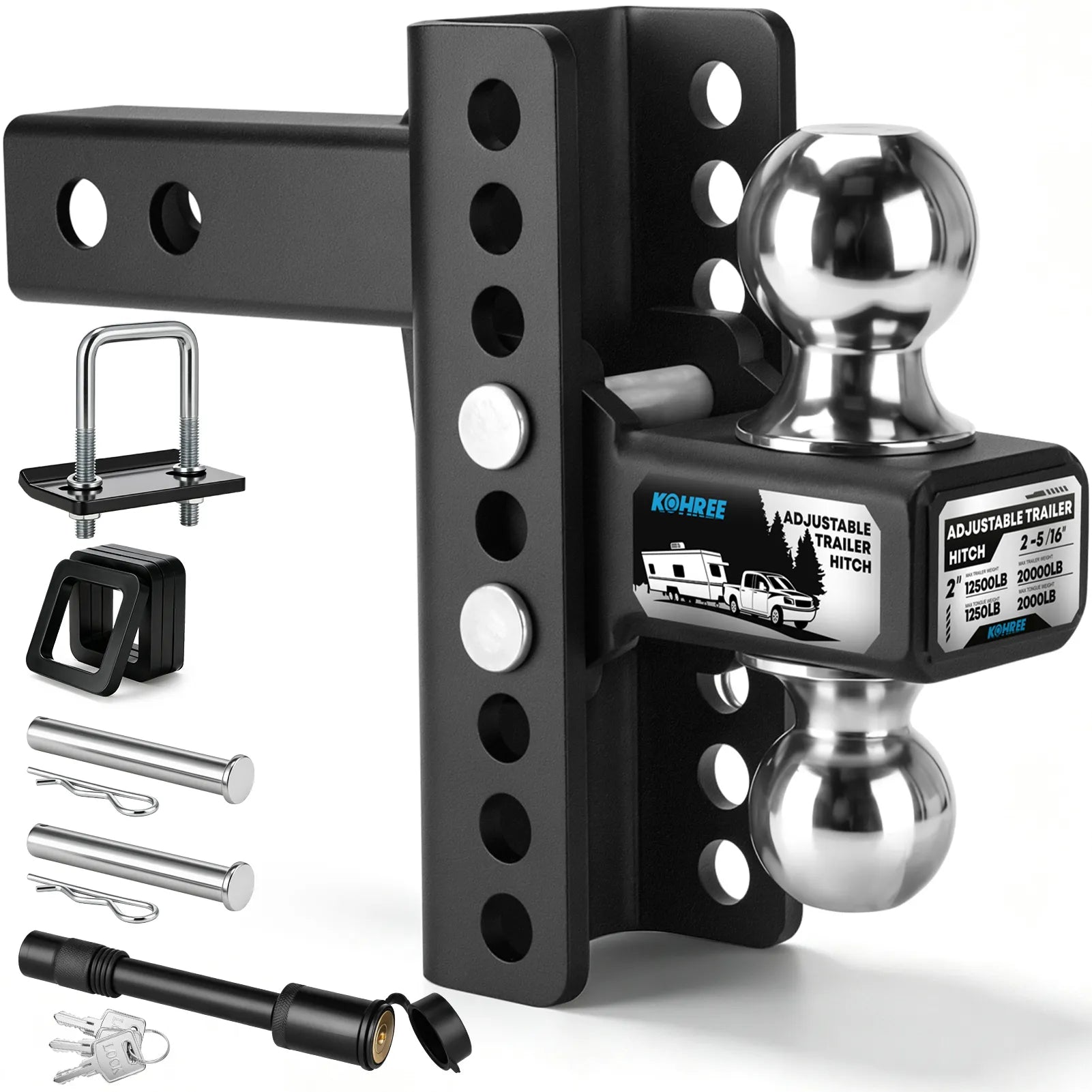 Black adjustable hitch mount with silver ball hitch and included mounting hardware