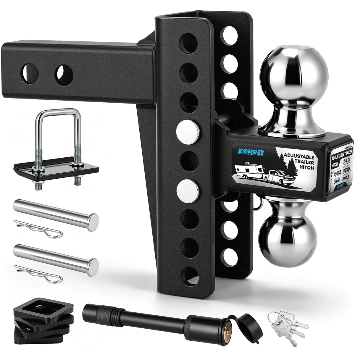 Black adjustable trailer hitch kit with chrome ball, mounting hardware, and keys