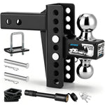 Black adjustable trailer hitch kit with chrome ball, mounting hardware, and keys