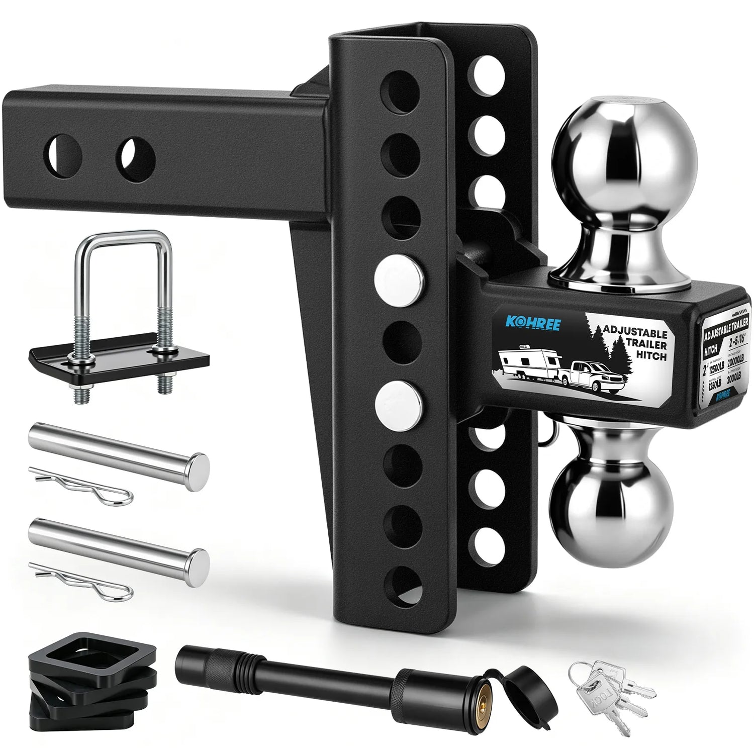 Black adjustable trailer hitch kit with chrome ball, mounting hardware, and keys