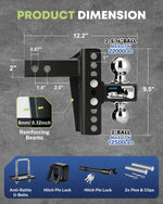 Product dimension diagram for a black trailer hitch with 2-5/16 inch and 2 inch balls, plus included hardware and feature callouts