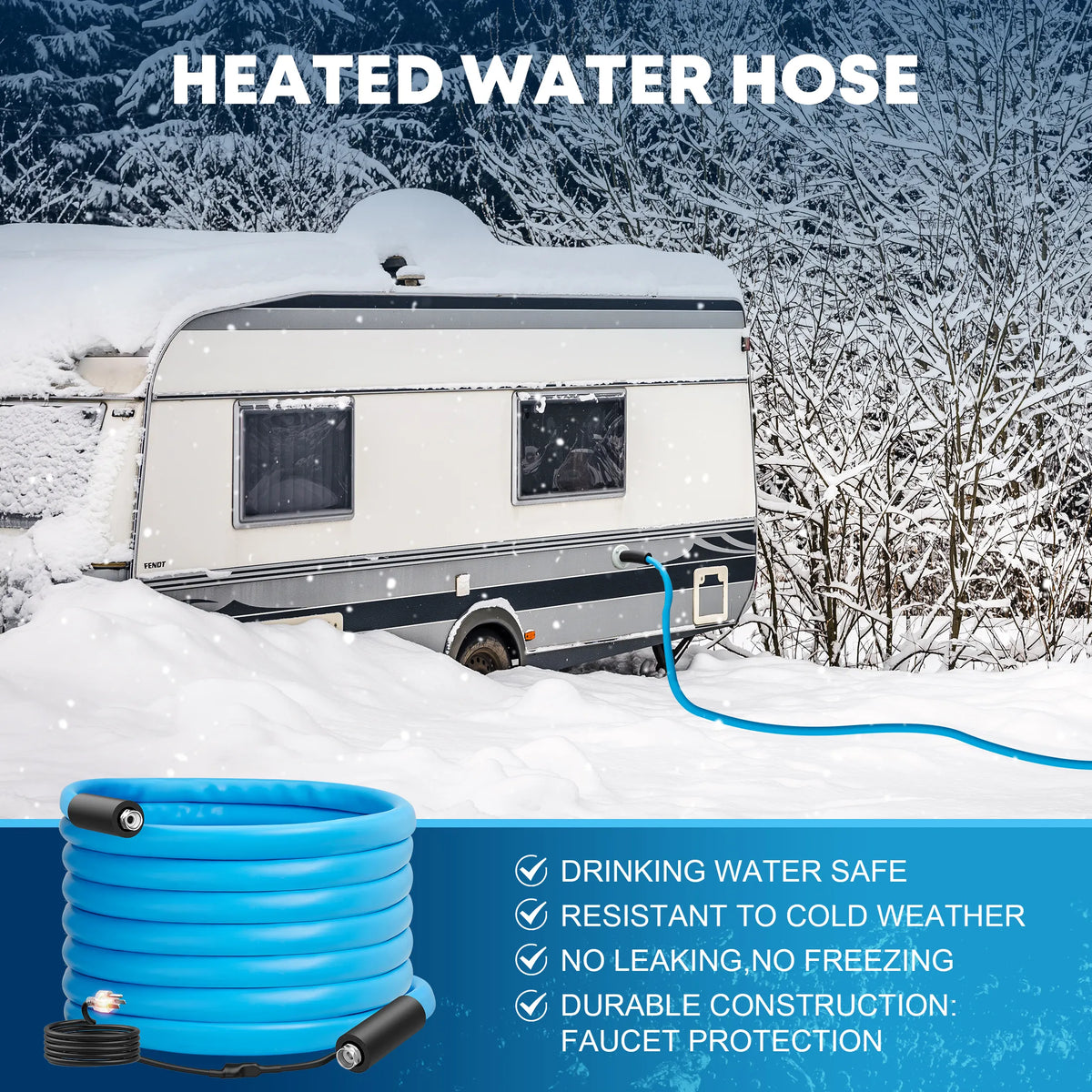 Kohree heated RV water hose with automatic temperature-responsive heating for dependable winter water flow.