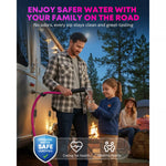 Man and child enjoy safer water with flexible rv drinking water hose on the road