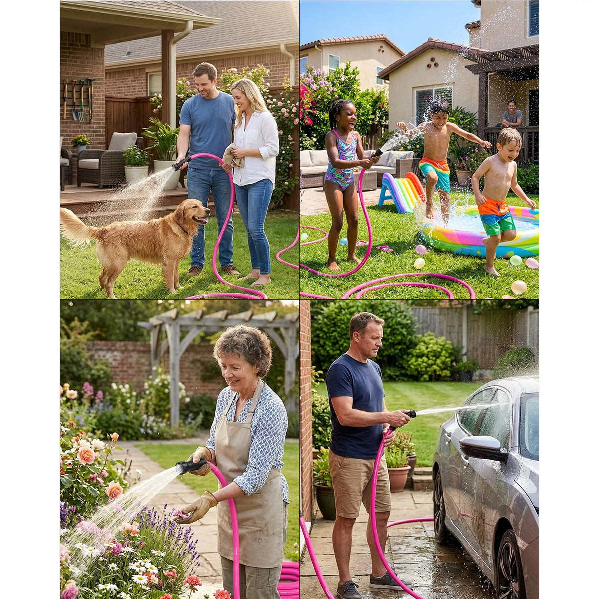 Collage of people using a pink garden hose in various outdoor settings.