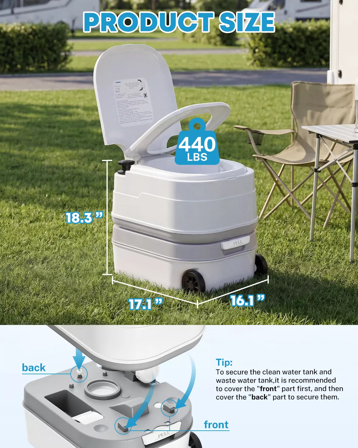 Portable toilet with measurements and weight capacity displayed outdoors.