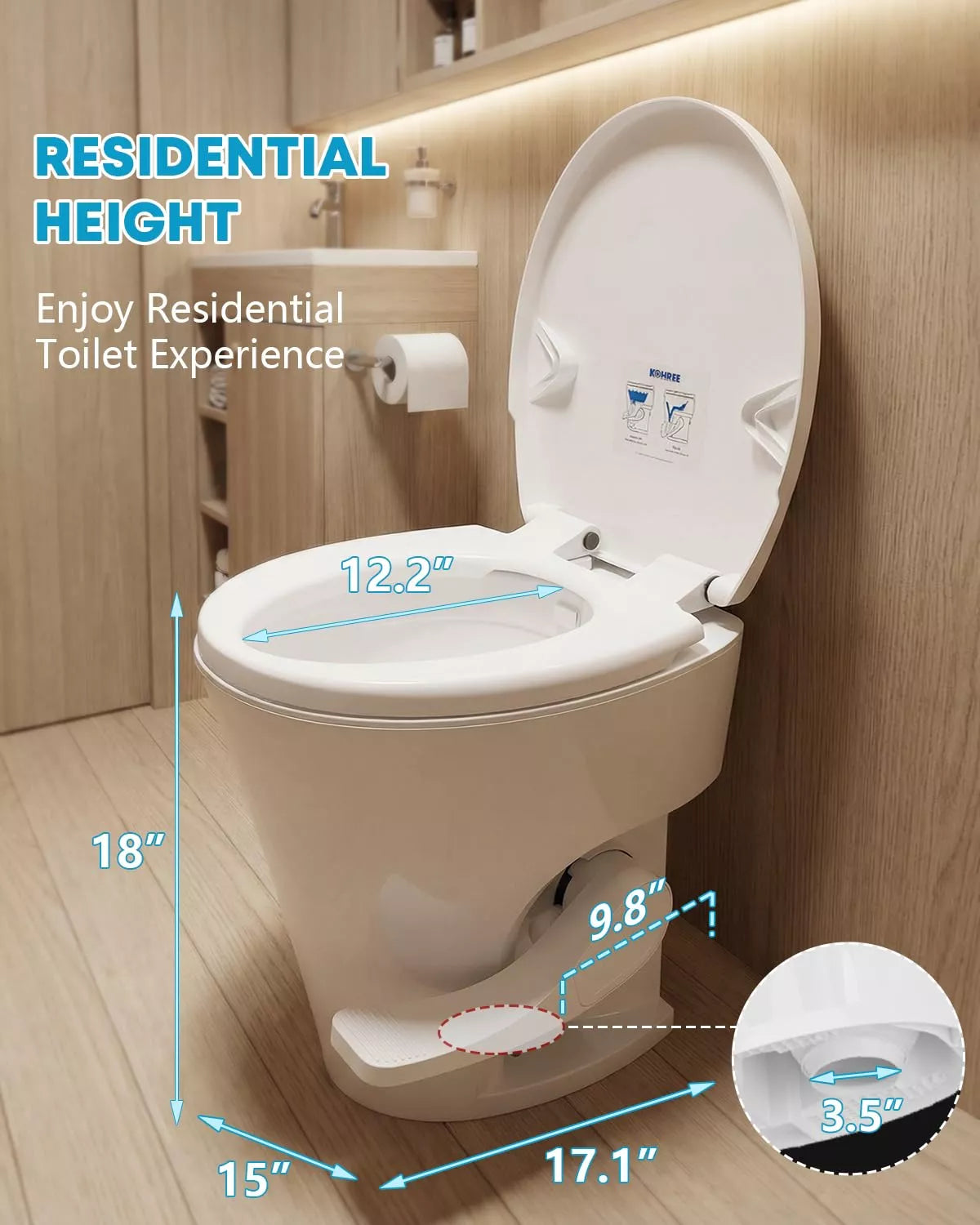 Residential height toilet with measurements on a wooden floor