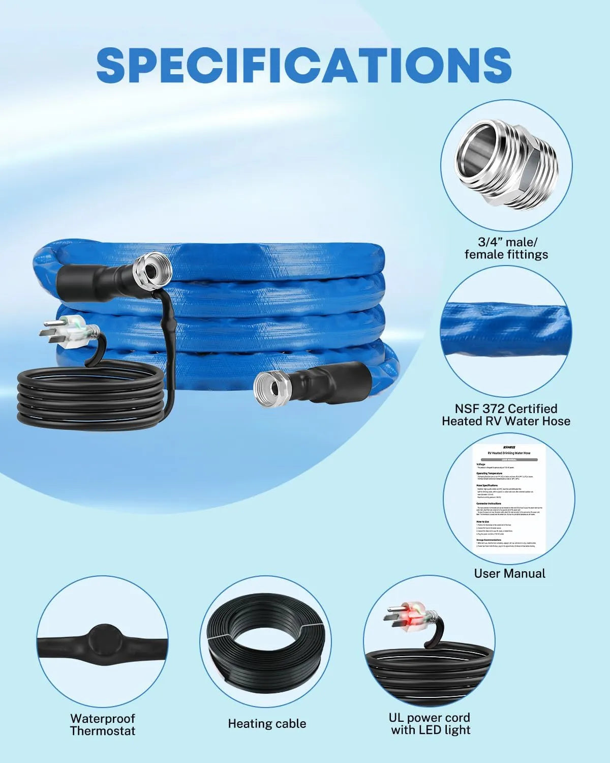 Collapsible heated RV hose designed to save storage space in compact RV compartments. 