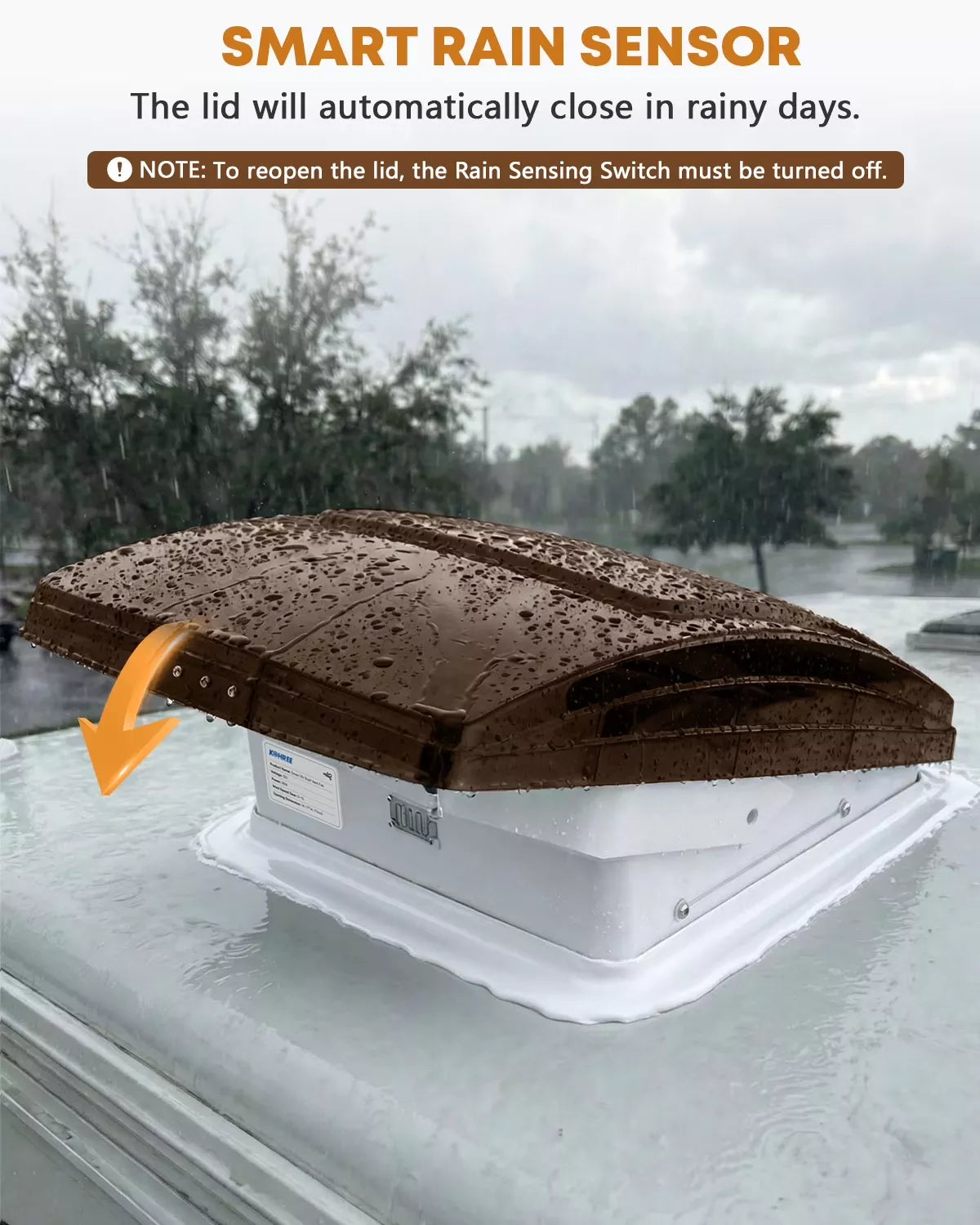 Roof-mounted rv roof vent fan with smart rain sensor with raindrops on a car roof during rainy weather. 