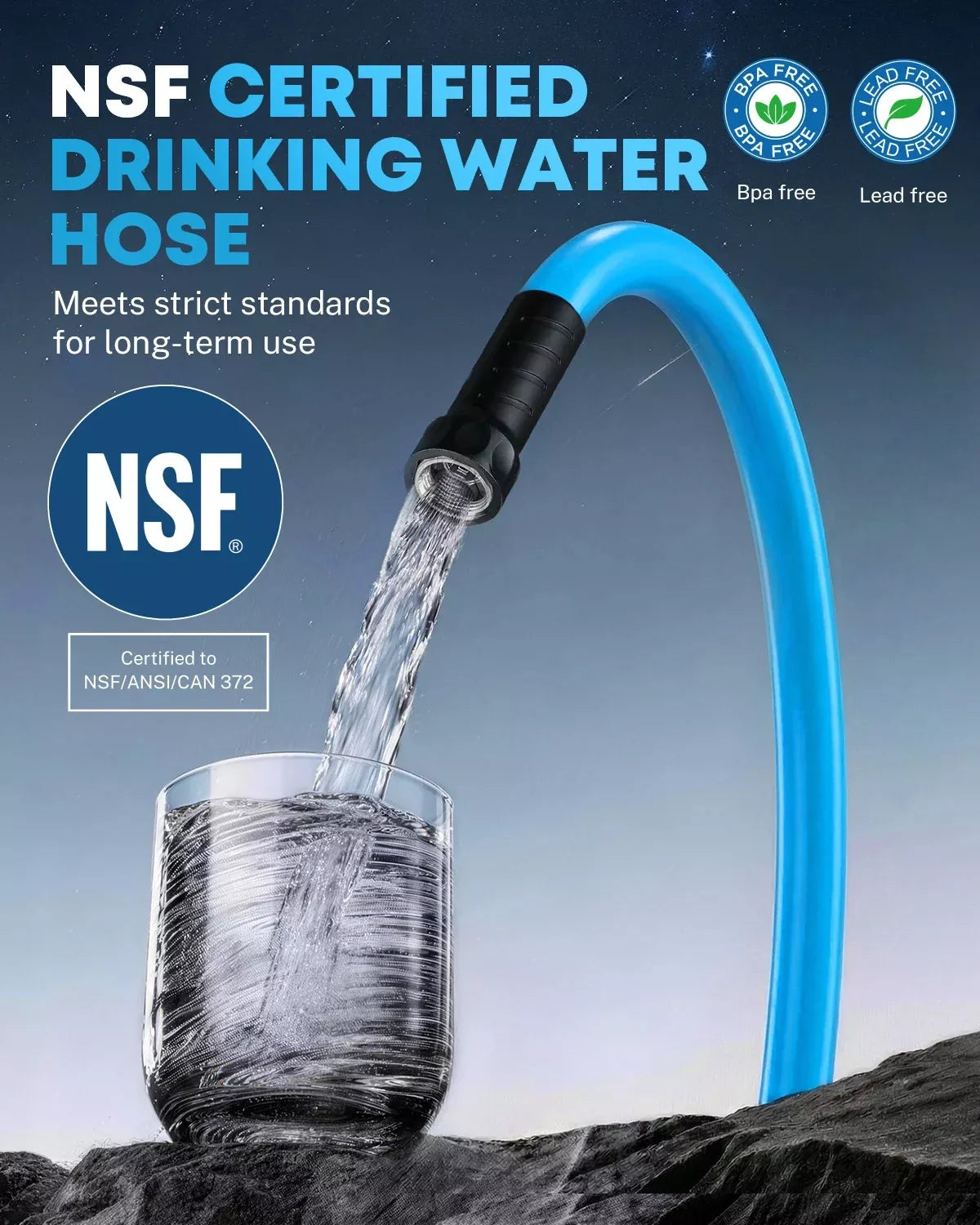 Blue drinking water hose pouring water into a glass with NSF certification logos