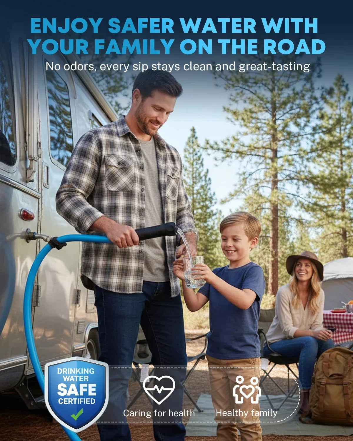 Man and child at a campsite with a water hose, enjoying safer water together.