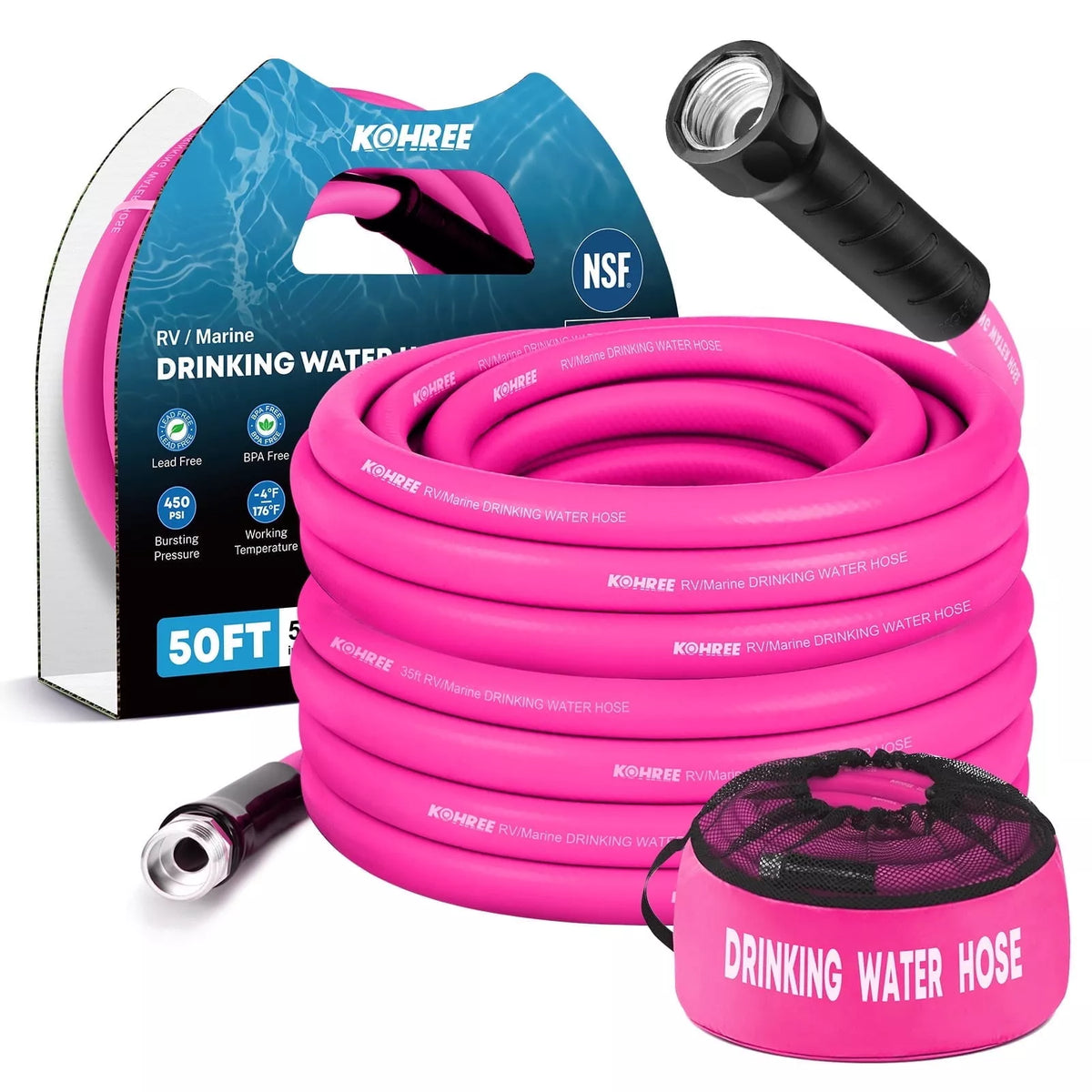Pink drinking water hose with packaging and accessories