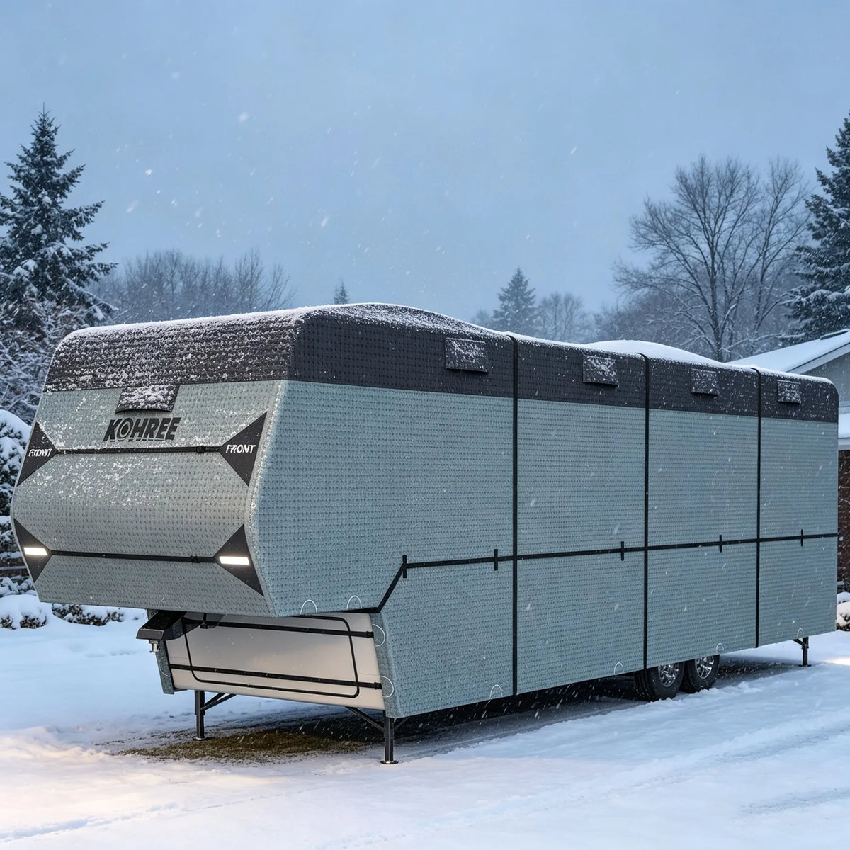 Fifth wheel RV cover helps protect the RV exterior from dust during storage