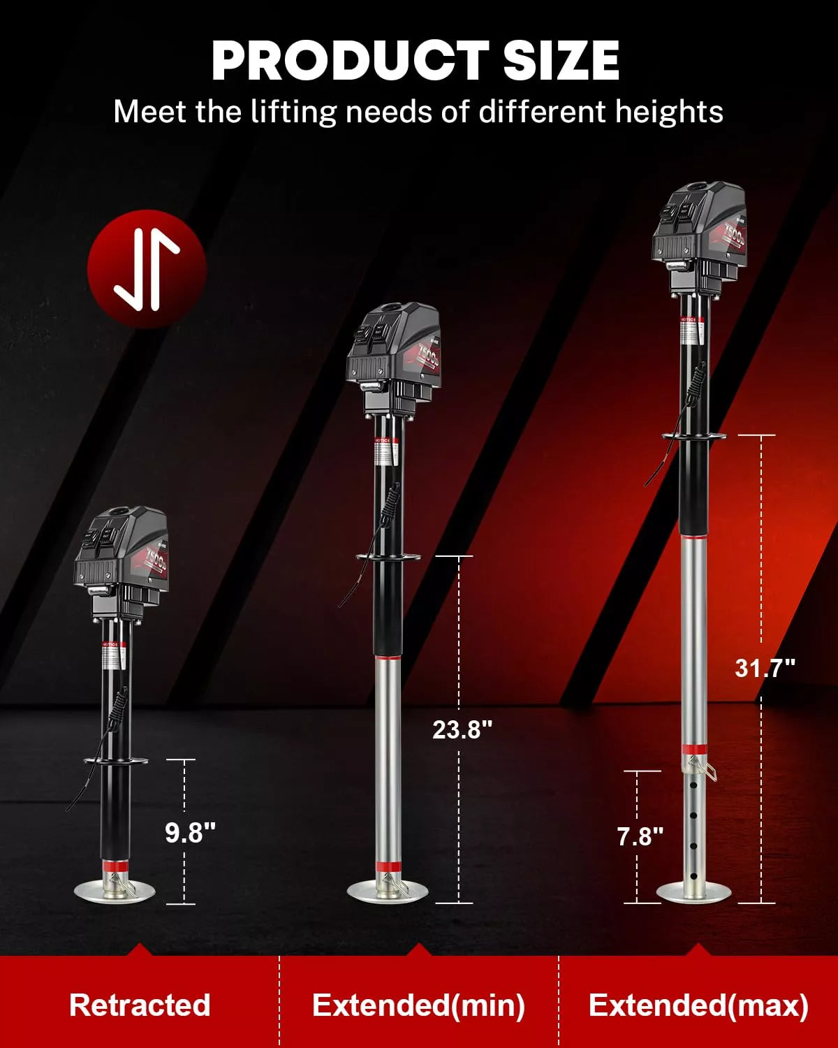 Three height-adjustable electric jack for trailer 7500 lbs single wire with measurements 