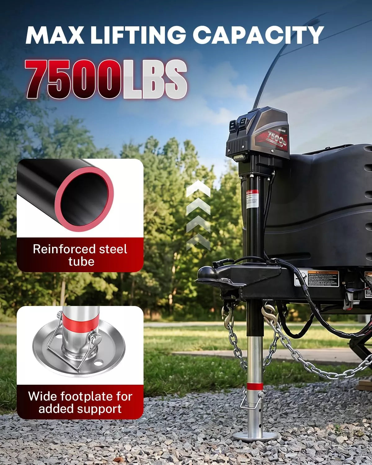 Electric tongue jack for trailer with lifting capacity of 7500 lbs, reinforced steel tube, and wide footplate for added support. 
