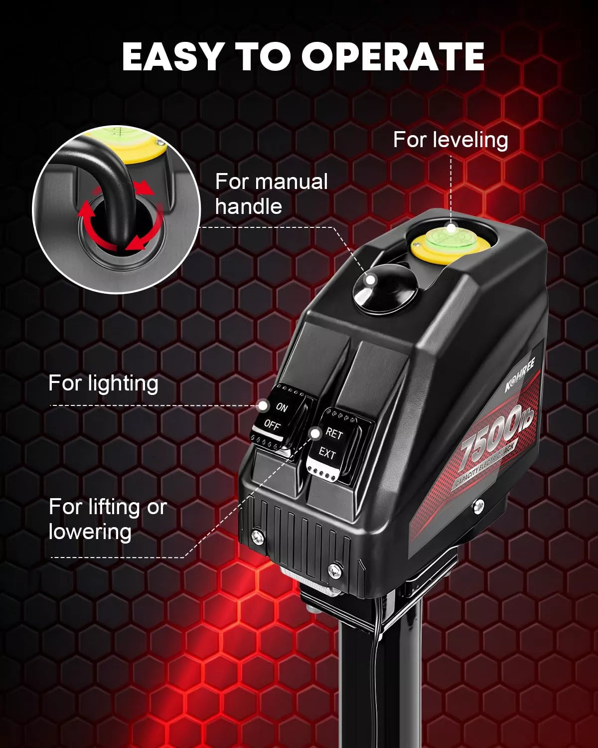 Easy to operate electric trailer jack 7500 lbs single wire 