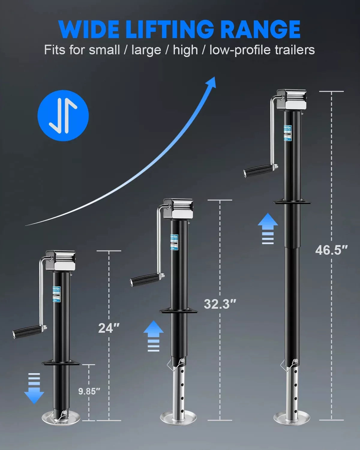 Side-wind Trailer Jack Handle with Ergonomic Grip for smooth and easy manual lifting of camping trailers.
