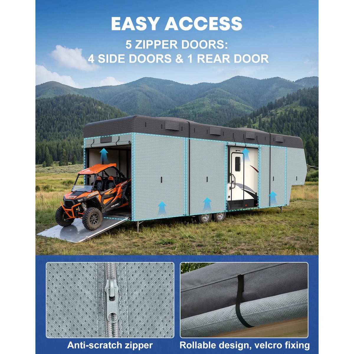 Front and rear vents on the fifth wheel RV cover help improve airflow