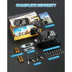 RV door lock security kit with the main black electronic lock, retail box, keys, batteries, mounting hardware, and instruction 