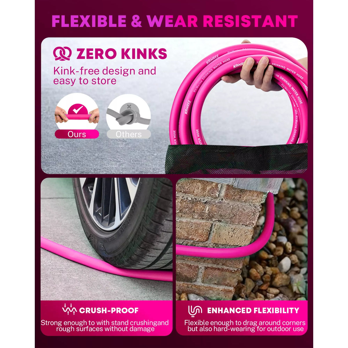 Pink garden hose with features highlighted