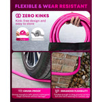 Pink garden hose with features highlighted