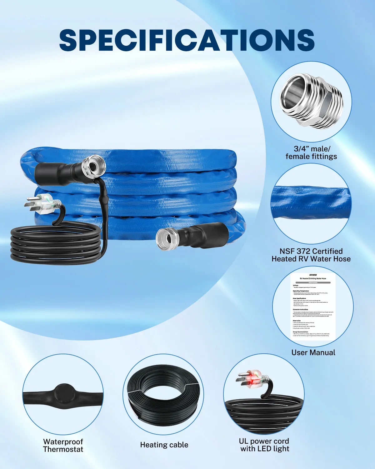 Flexible collapsible heated RV drinking water hose with 5/8-inch diameter for cold-weather hookups. 
